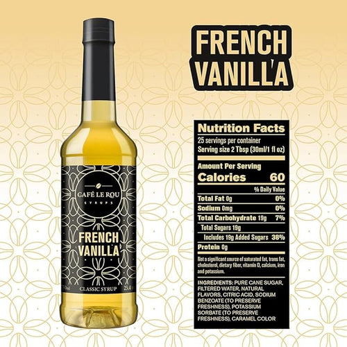Café Le Rou French Vanilla classic syrup bottle with nutrition facts and ingredients on beige patterned background