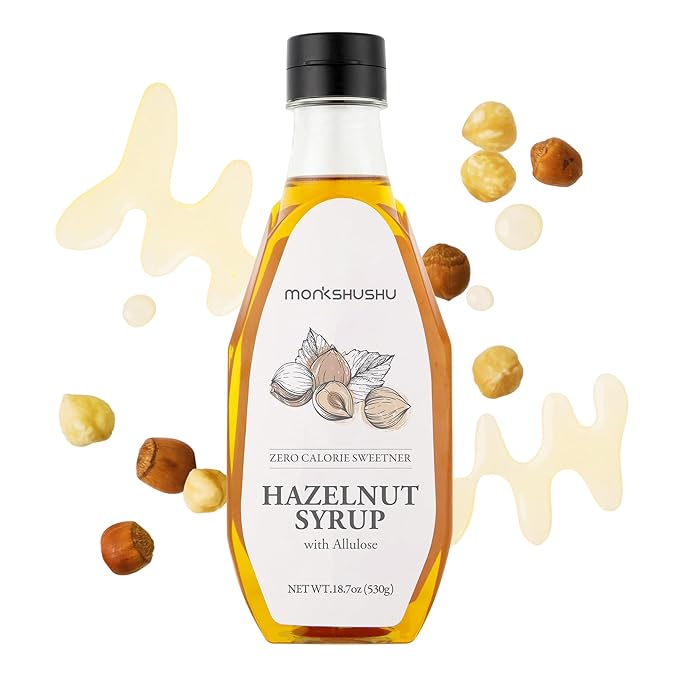 MONKSHUSHU Hazelnut Allulose Syrup 18.7 Fl Oz for coffee, drinks - Keto Diet, Vegan friendly, Diabetes-Safe - Zero Calorie, Liquid type Sugar Substitute - Monk Fruit - Gluten Free, 0g Net Carbs