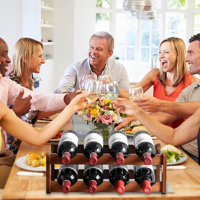 Wine Rack Countertop, 8 Bottle Wine Racks for Wine Bottles Storage Display, 2 Tier Wooden Wine Rack Free Standing Floor