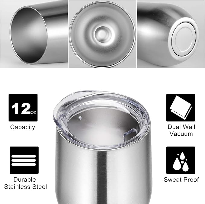 VEGOND 12oz Stainless Steel Wine Tumbler with Lid and Straw, Double Wall Vacuum Insulated Stemless Wine Glass Tumbler Cup, Coffee Mug for Cold Hot Drinks