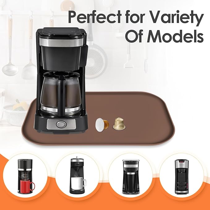 Silicone Coffee Maker Mat with Lip, 17.4'' x 10.6'' Heavy Duty Coffee Maker Mat for Countertops, Coffee Tray Fit Under Coffee Machine Appliance Automatic Machines Espresso Accessory, Brown