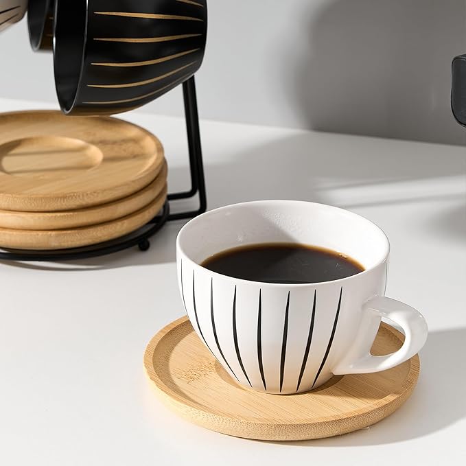 LUKA Ceramic Demitasse Espresso Cups Set with Saucers and Metal Stand, 8 oz Porcelain Cappuccino Cups Teacup For Tea, Espresso, Latte, Coffee, Cafe Mocha, Set of 4, Stripe White & Black
