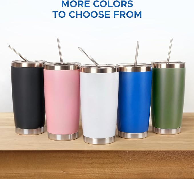 OMTech 20oz Tumblers Bulk, 6pc Stainless Steel Tumbler Set with Lid & Straw, Double Wall Vacuum Insulated Mug for Laser Engraver, Travel Coffee Mug for Hot & Cold Drinks, Navy Powder Coated Cup