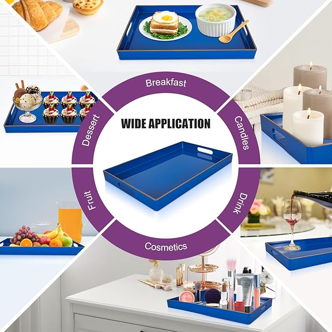 Gifturbo Blue Serving Tray,Decorative Serving Trays with Handles, Coffee Table Tray Ottoman Rectangular Plastic Tray for Living Room, Bathroom, 15.7” x 10.2” x1.37”