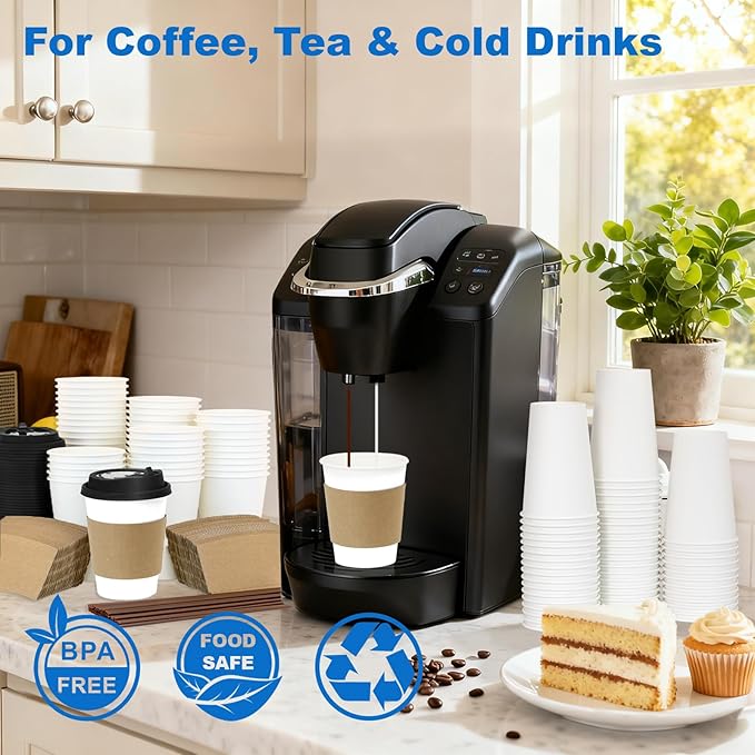 12 oz 500 Pack Coffee Cups with Lids and Sleeves, Straws, Hot Disposable To Go Travel Paper Cups Bulk for Office, Home Coffee Bar Accessories, Chocolate, Cocoa, Beverage (White)