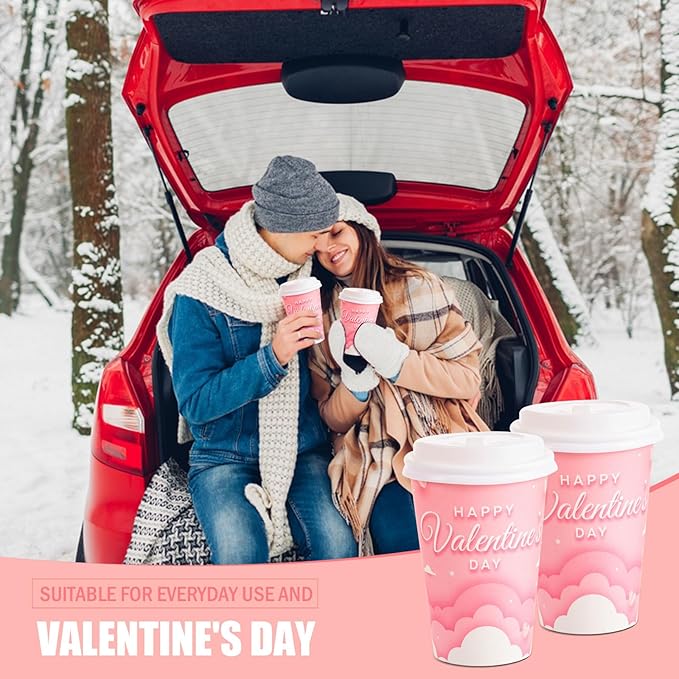 FOBSME 50 Pcs Valentine Disposable Coffee Cups With Lids 12oz Pink Cloud Heart Paper Cups Happy Valentine’s Day Drinking Cups for Wedding Anniversary Party Supplies