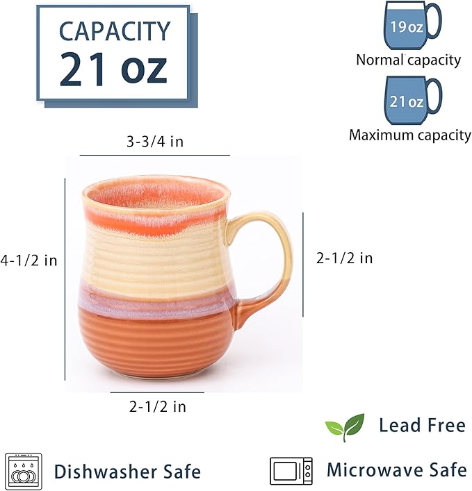 21 oz Large Ceramic Coffee Mugs, Pottery Mug Handmade, Ceramic Tea Cups with Handle for Office and Home, Dishwasher and Microwave Safe (Orange)