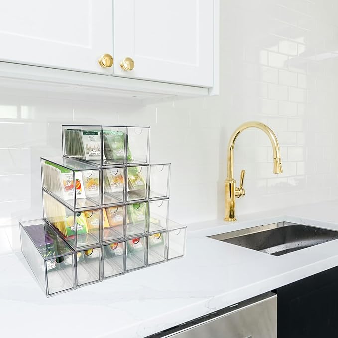 16-Pack Tea Bag Drawers Organizer - 16 Clear Plastic Drawer Tea Bag Holder; Stackable & Portable; Wider Size; Well-Organized Storage for Tea Bags & Kitchen Essentials；High Volume