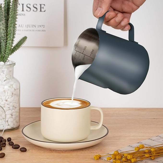 Milk Frothing Pitcher, 12 oz Milk Frother Cup with Clear Scale, 304 Stainless Steel Cappuccino Espresso Machine Accessories for Barista Coffee Bar with Latte Art Pen, Blue