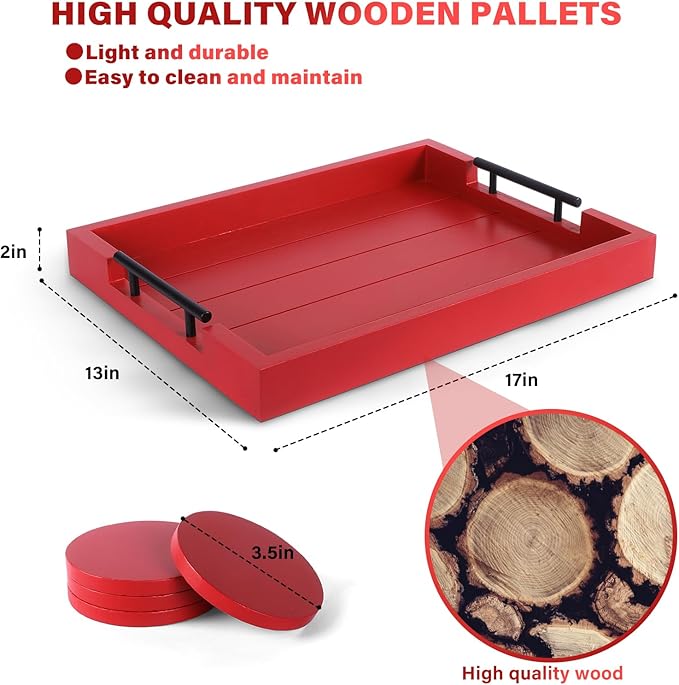 Ottoman Serving Tray | Decorative Coffee Table Tray with Handles – 17x13 Inch Wooden Tray with 4 Coasters for Breakfast, Kitchen & Bar