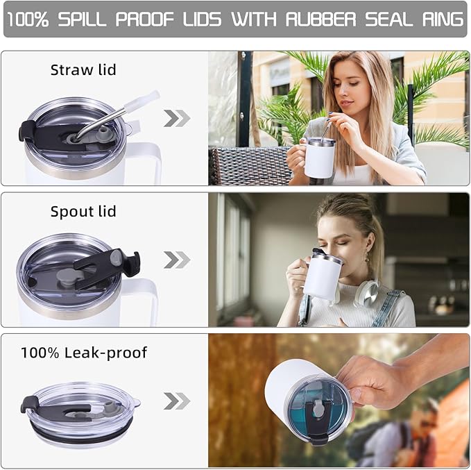 Volhoply 12oz Insulated Leakproof Coffee Mug with Flip & Straw Lid Bulk 2 Pack,Double Wall Vacuum Stainless Steel Travel Tumbler Cup with Handle,Reusable Camping Mugs Keep Cold/Hot(Assorted,2 Set)