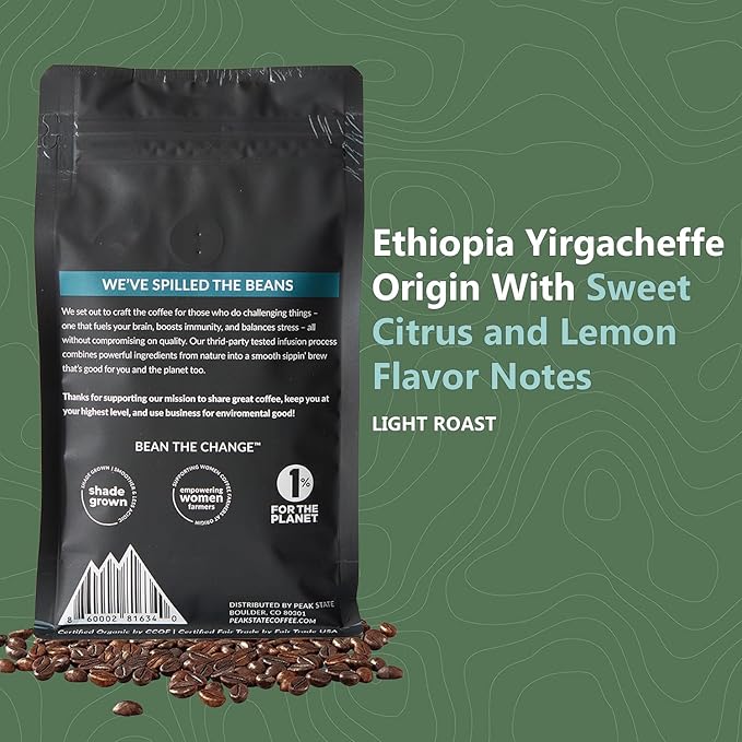 Peak State Coffee with Benefits, 3 Bag Variety Pack, Mushroom Coffee, Low Acid & Smooth, Immunity Boost, Brain Sustain & Stress Less, Organic Whole Bean Coffee, Gluten Free, 12 oz. Each