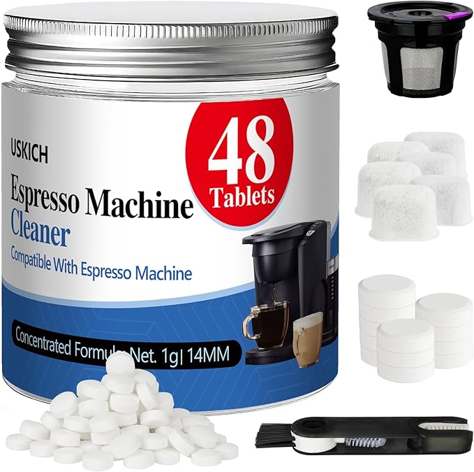 USKICH Coffee Machine Cleaner Descaler Tablets Kit Compatible 12 Espresso Machine Tablet and 1 Reusable Rinse Pods- 48 Cleaning Tablets and 6 Water Filters-3 in 1 Cup Lid Gap Cleaning Brush