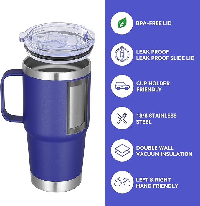 VEGOND 20 oz Tumbler Bulk with Handle Lid and Straw, Stainless Steel Insulated Travel Coffee Mug Set, Spill Proof Double Wall Metal Tumblers Cups, Royal Blue 6 Pack