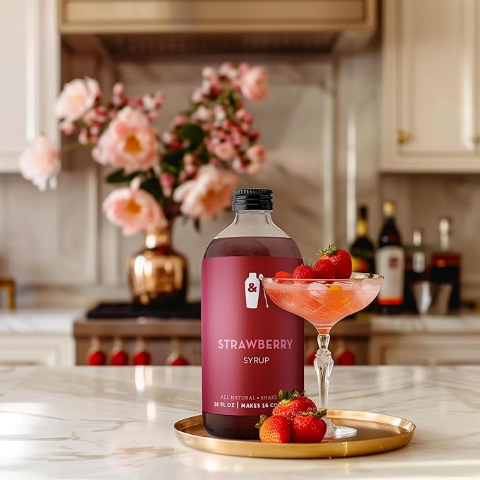 Shaker & Spoon Strawberry Syrup, 16oz Cocktail Syrup for Craft Cocktails, Mocktails, Non Alcoholic Drinks, Cocktail Mixers, Strawberry Lemonade, Soda Syrups