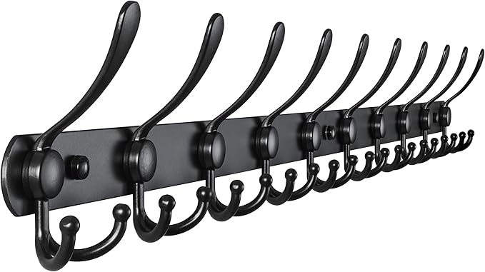 Dseap Coat Rack Wall Mount - 38” Long 10-Tri-Hooks Heavy Duty Coat Hanger Rail Wall Hooks for Hanging Coats Hats Clothing Clothes Purse Mudroom Entryway, Black