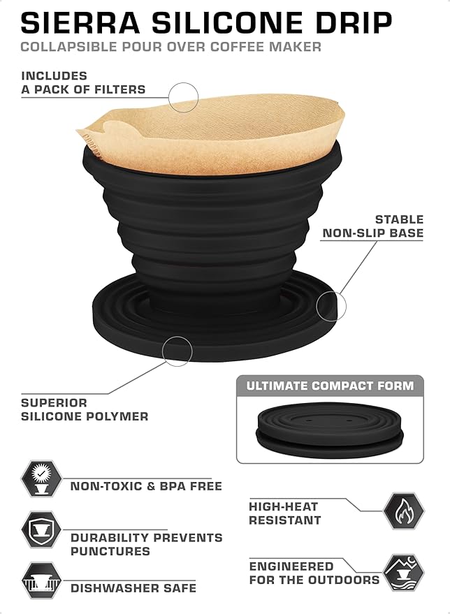 COLETTI Sierra Camping Pour Over Coffee Dripper — Collapsible Pour Over Coffee Dripper — Includes Pack of Paper Filters [Black, Pack of 2]