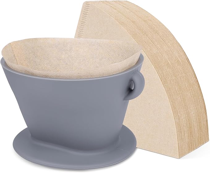 Segarty Pour Over Coffee Dripper, Single Cup Gray Silicone Manual Coffee Maker Set with 200PCS Size #2 Cone Coffee Filter Papers, Drip Coffee Pourover Brewer Filter Holder for Travel Outdoor Camping