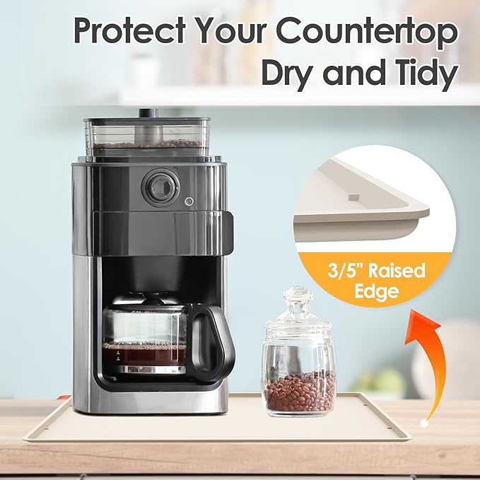 Silicone Coffee Maker Mat with Lip, 19.7'' x 15'' Heavy Duty Coffee Maker Mat for Countertops, Coffee Tray Fit Under Coffee Machine Appliance Automatic Machines Espresso Accessory, Cream White