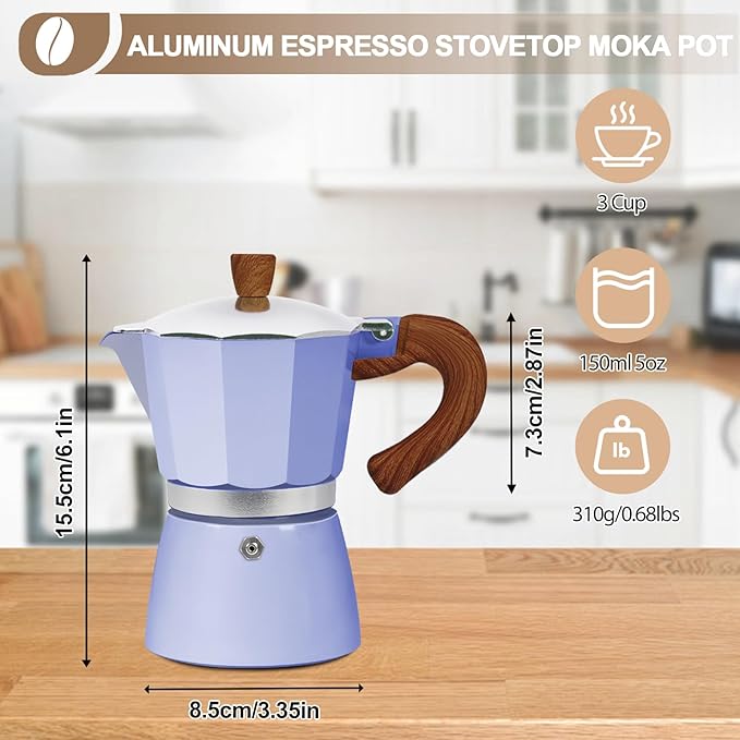 Aluminum 3 Cup 150ml Moka Pot Express Coffee Maker Stovetop Espresso Colorful Coffeemaker Italian Classic Style Brewing Greca Cafe Mocha Machine for Cafeteras Lover Camping Travel and Home Use 5oz