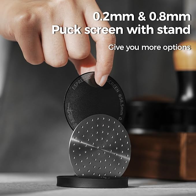 MHW-3BOMBER 58mm Espresso Puck Screen - 0.2mm Ultra Thin Espresso Puck - Metal Reusable Coffee Filter for Portafilter Basket 58mm - Puck Screen with Stand FG7053B-OS