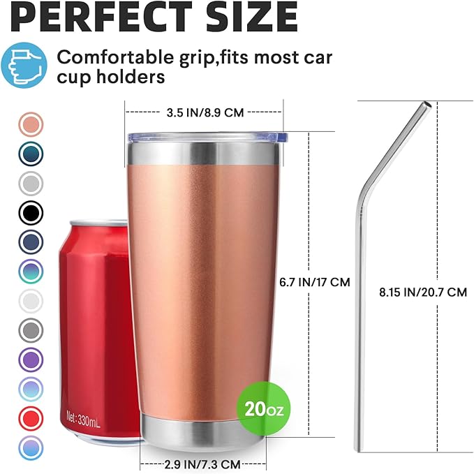 Volhoply 20oz Stainless Steel Tumbler with Lid and Straw,Double Wall Insulated Travel Iced Coffee Mug Fits Cup holder,Powder Coated Cups for Hot and Cold Drinks,Gifts for Women Men（Rose Gold,1 Set）