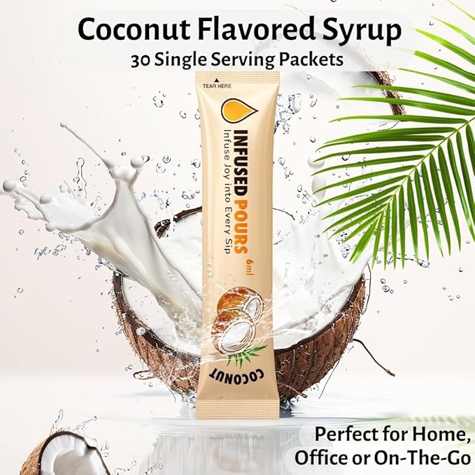 Single Serving Coconut Syrup Packets for Coffee and Cocktails - 6mL Each, 30 Count - Bag of Syrups by Infused Pours (6mL, Coconut)