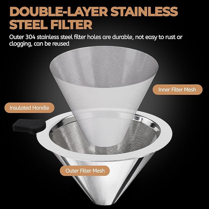 Pour Over Coffee Maker 800ml with 304 Stainless Steel Filter and Wooden Collar Holder Borosilicate Glass Drip Coffeemaker Server Set Clear Hand Brew Dripper Carafe for Home Camping Travel 27oz