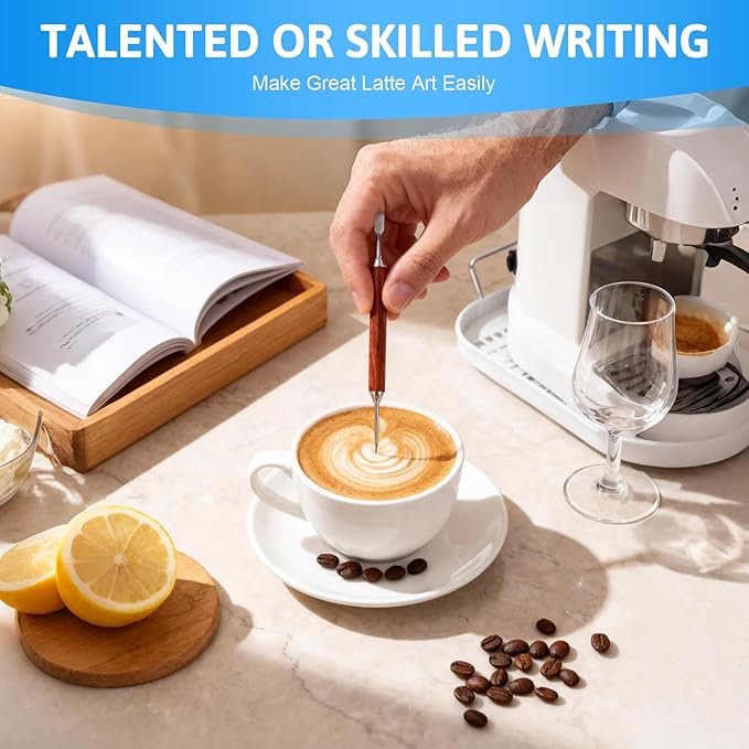 2 PC Latte Art Pen Set, Stainless Steel Coffee Drawing Tool with Wood Handle, Double - Ended Latte Art Pen for Barista, Home & Cafe Use to Create Intricate Coffee Designs