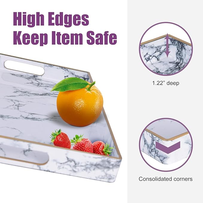 Gifturbo White Serving Tray, Marble Serving Trays with Handles,Rectangular Coffee Table Ottoman Tray Decorative Plastic Tray with Gold Rim for Living Room, Bathroom,Decor,15.7 x 10.2 x1.37 inches