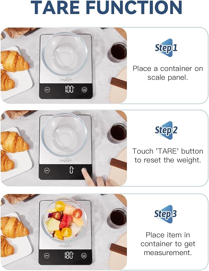 JOYHILL Food Scale, 22lb Digital Kitchen Scale Food Ounces and Grams for Weight Loss, Baking and Cooking, Premium Stainless Steel Food Weight Scale with LED Display, Batteries Included, Silver