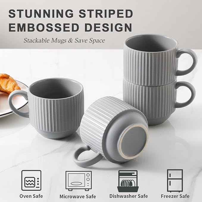 Hasense Coffee Mugs Set, Stacking Tea Cups Set of 4 with Holder - 15 oz Large Ceramic Ribbed Latte Cup Set for Cappuccino, Tea, Hot Cocoa, Drinks - Dishwasher & Microwave Safe, Grey