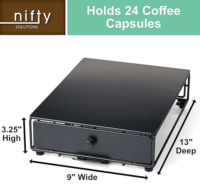 Nifty Solutions Capacity Nifty Rolling Mini Black Finish, Compatible with K-Cups, 24 Pod Pack Holder, Compact Under Coffee Pot Storage Drawer, Slim Home Kitchen Counter Organizer