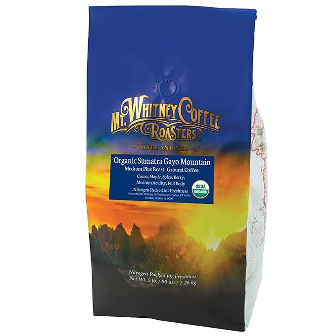 Mt. Whitney Organic Gayo Mountain Sumatra, Medium Dark Roast, Low Acid Coffee (Ground, 5 Lb)