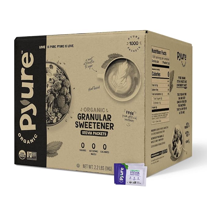 Pyure Organic Stevia Packets | Zero Calorie Sweetener for Coffee, and Baking | Granulated Stevia Sugar Substitute | Plant-Based, Keto, Diabetic & Paleo Friendly | USDA Organic, Non-GMO | 1000 Packets