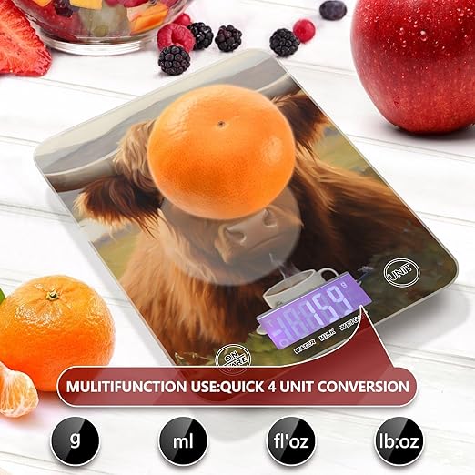Digital Food Scale Coffee Highland Cow Grass – Fashion Design, 11lb/0.01oz, Tempered Glass, Kitchen Scales with LCD Display for Baking & Cooking, Batteries Not Included