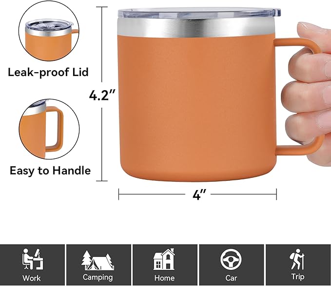 VEGOND 14 oz Insulated Coffee Mug with Handle, Stainless Steel Travel Coffee Mug with Lid, Double Wall Vacuum Metal Coffee Cup, Coffee Tumbler Powder Coated, Orange 1 Pack