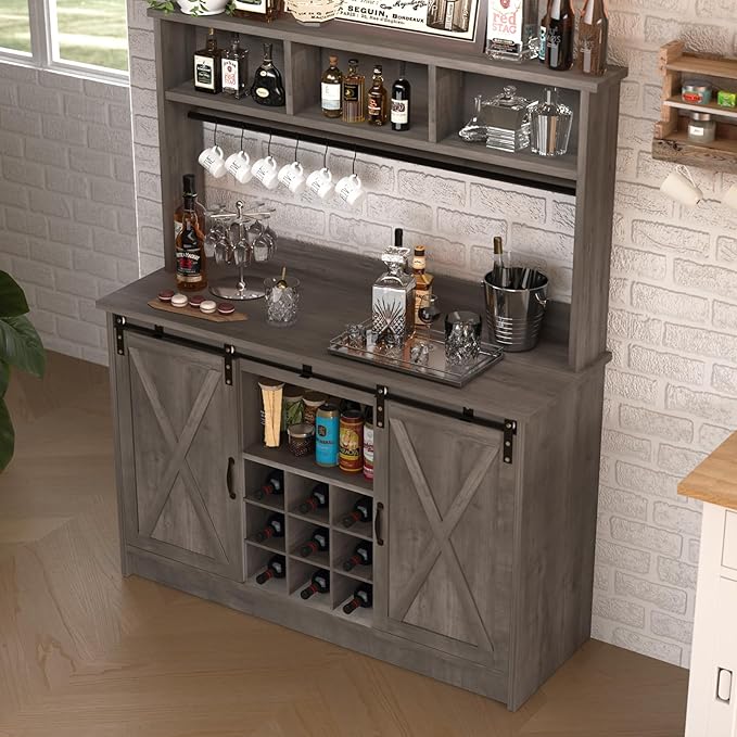 4ever2buy Farmhouse Coffee Bar Cabinet with 3 Storage Hutch, 47”Coffee Bar with Sliding Barn Doors, Hutch Cabinet with 6 Hooks & 9 Wine Racks for Dining Room, Kitchen, Wash Grey