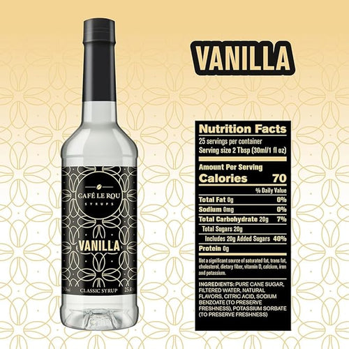 Cafe Le Rou Vanilla Classic Syrup bottle with nutrition facts and ingredients on beige patterned background
