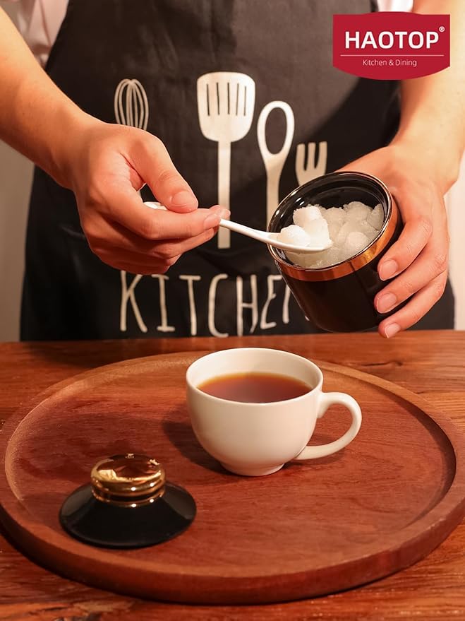 HAOTOP 8 oz Sugar Bowl with Lid and Spoon, Simple Ceramic Sugar Jar Sugar Dispenser Sugar Container Coffee Bar Accessories, Modern Kitchen Countertop Canisters, Black