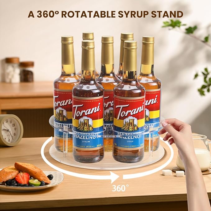 IEEK Large Rotating Coffee Syrup Organizer 7 Bottles Clear Acrylic Coffee Syrup Rack for Countertop Syrup Bottle Holder Stand With Anti Slip Pad for Coffee Bar Station,Turntable Wine Display Tray