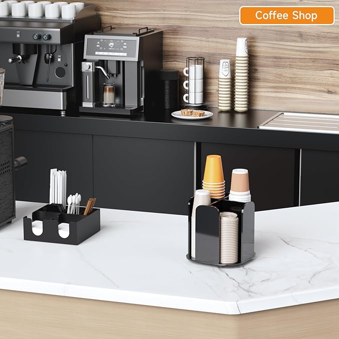 Beego Coffee Cup Holder Organizer - Rotatable 4 Compartments Black Acrylic Cup Dispenser Station With Lid Carousel - Countertop Plastic Cup Holder for Restaurant Breakroom Bar Accessories