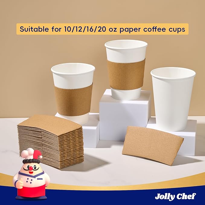 JOLLY CHEF 500 Pack Paper Coffee Cups Sleeves, Brown Sleeves for 10, 12, 16, 20 oz Disposable Paper Cups