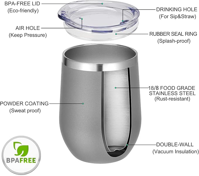 VEGOND Wine Tumblers Bulk 6 Pack, 12oz Stainless Steel Stemless Wine Glass with Lids and Straws, Double Wall Vacuum Insulated Tumbler Cup, Coffee Mug for Cold Hot Drinks