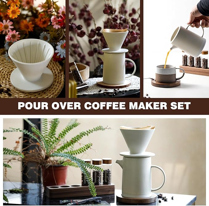 Pour Over Coffee Maker Set Vintage Ceramic Pour Over V60 Coffee Dripper Set with 20 Count Paper Coffee Filters,for Home Café Restaurant Camping,15.8 Ounces(White)