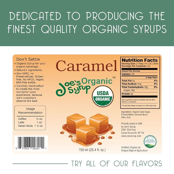 Joe’s Syrup Organic Flavored Syrup, Organic Caramel, 750 ml