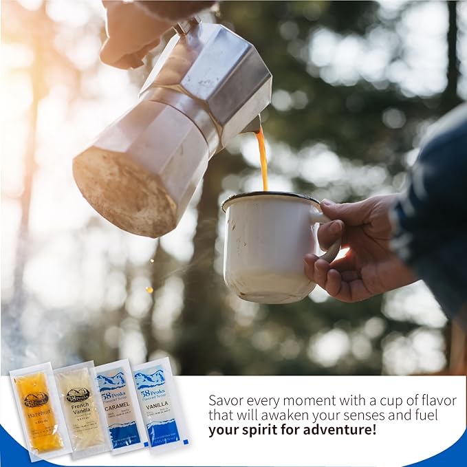 58Peaks Variety Pack of Flavored Syrup Sweetener Packets for Hot and Cold Drinks | To-Go Flavoring for Coffee, Tea, Milkshake and More | Vanilla, Caramel, French Vanilla & Hazelnut | 15mL | 20-Pack