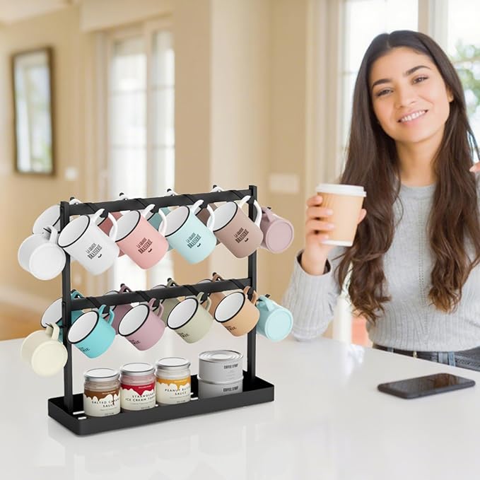Coffee Mug Holder for Countertop 20 Hooks Mug Tree Rack 2 Tier Counter Cups Mugs Display Stand with Heavy Duty Metal Storage Base for K Cup Kitchen Tea Coffee Bar
