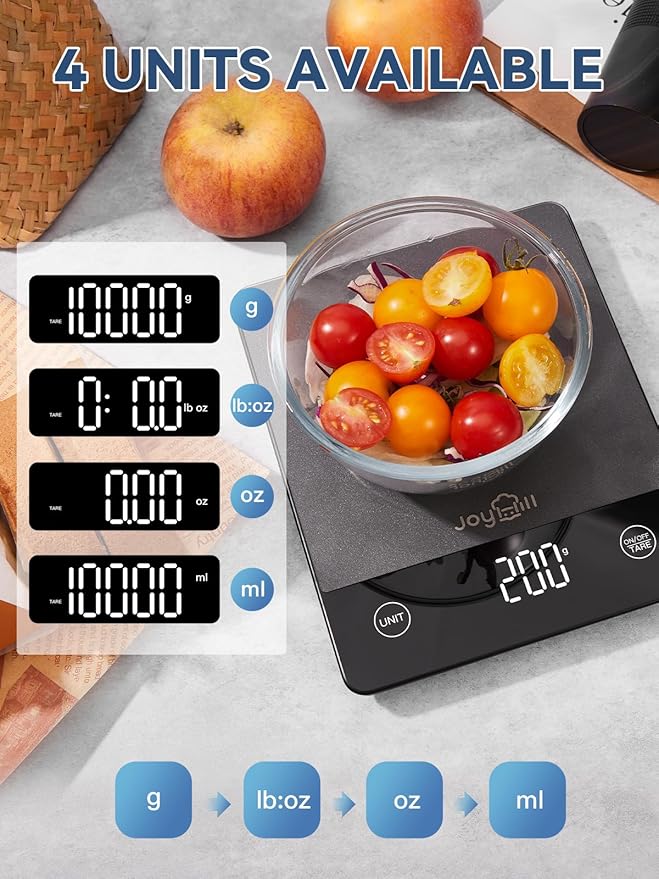 JOYHILL Food Scale, 22lb Digital Kitchen Scale Food Ounces and Grams for Weight Loss, Baking and Cooking, Premium Stainless Steel with LED Display, Batteries Included, Black