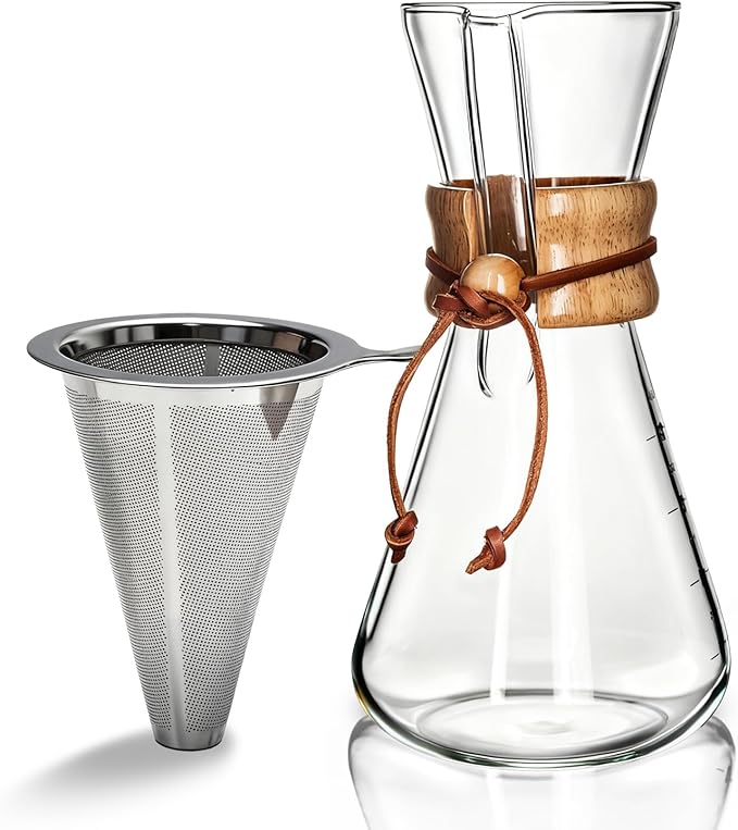 AGOGO Pour Over Coffee Maker Glass - 6/8/10 Cup Barista Kit with 304 Stainless Filter for Home, Office, Camping, Cafes - Easy Clean Coffee Dripper Set (Rag&Brush Included) (6 Cup/20 oz)